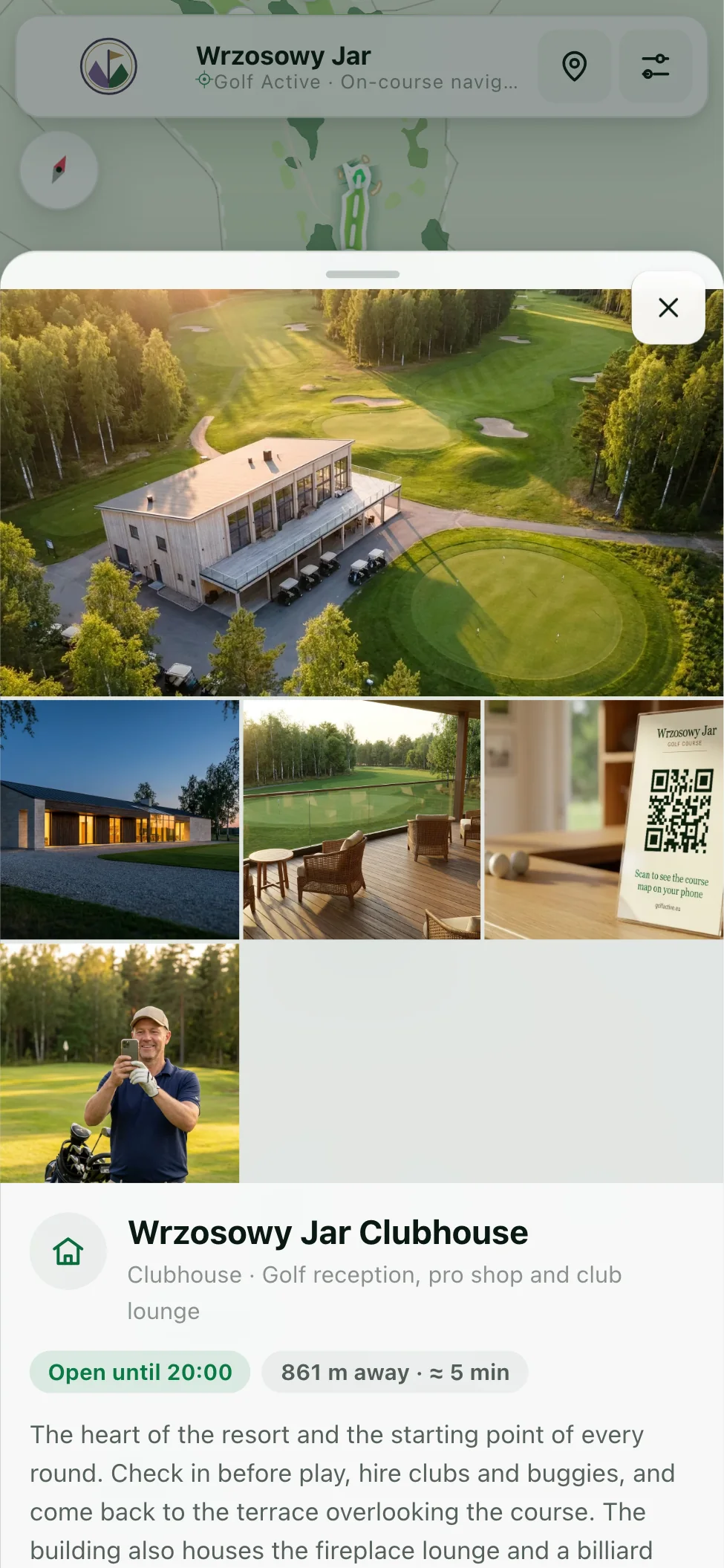 Facility card: the clubhouse with a photo gallery, opening hours and distance from the player