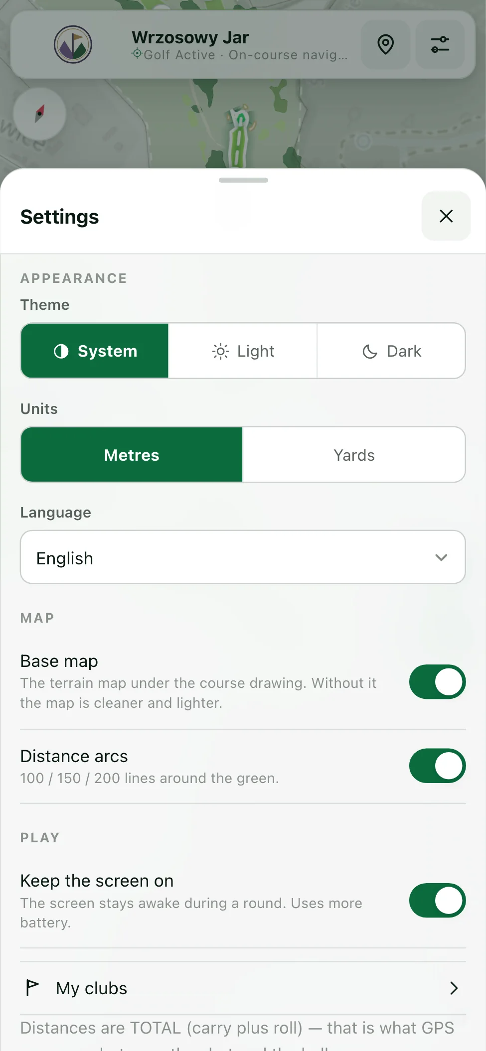 Settings panel: theme, units, map and game