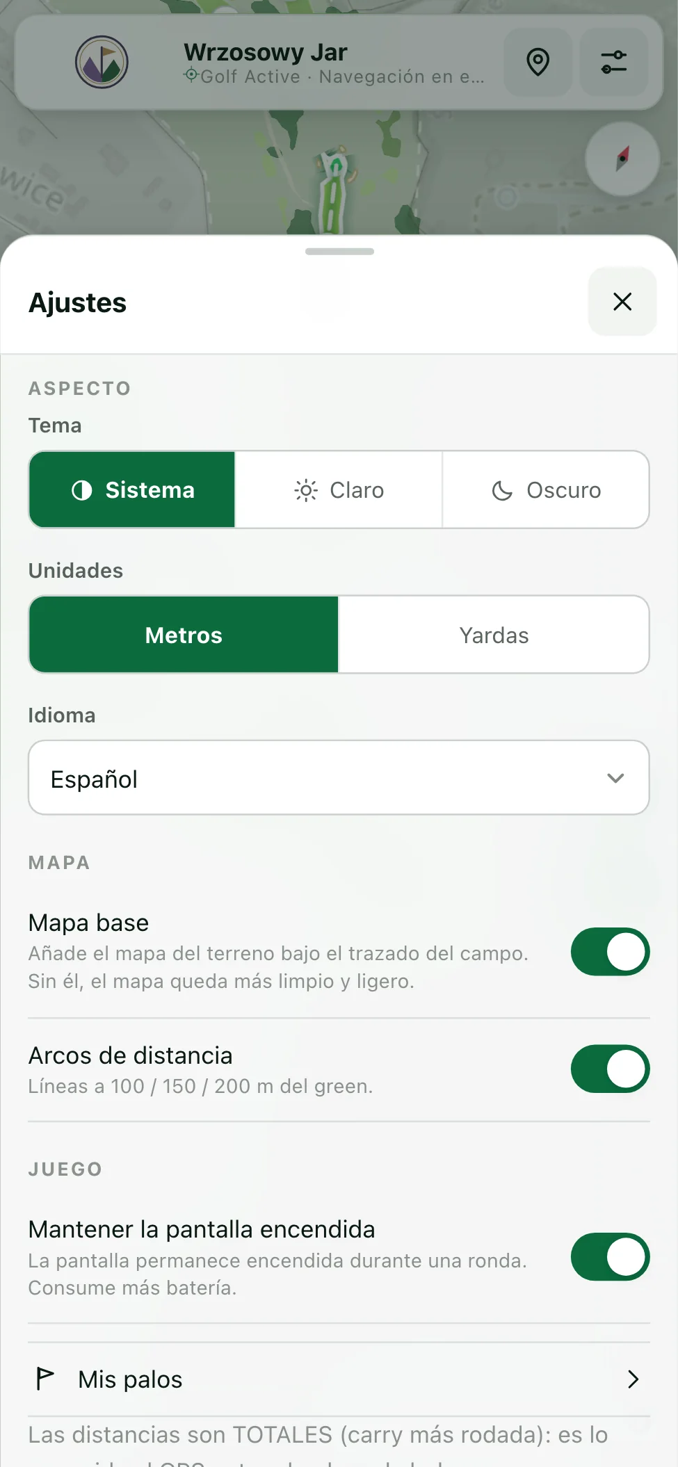 Panel de ajustes: tema, unidades, mapa y juego