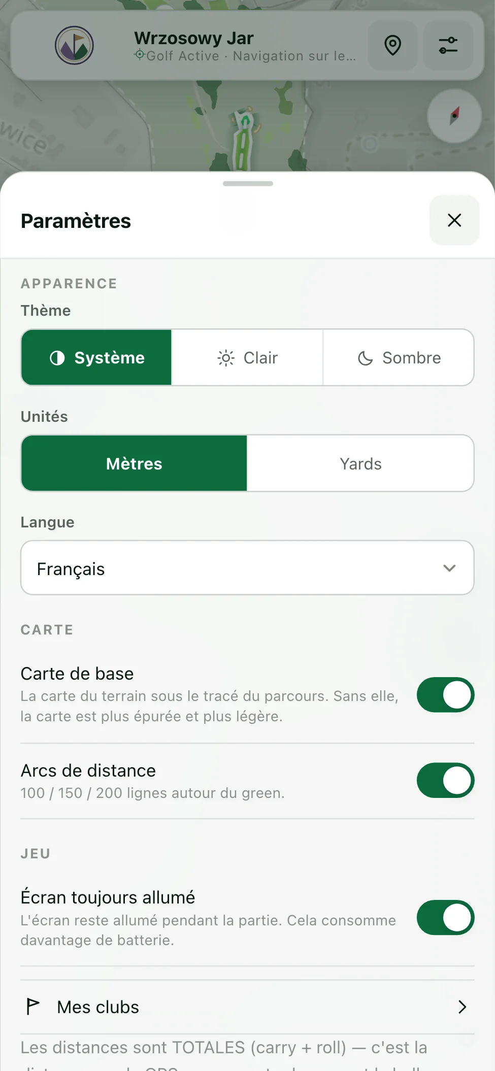 Panneau des réglages&nbsp;: thème, unités, carte et jeu