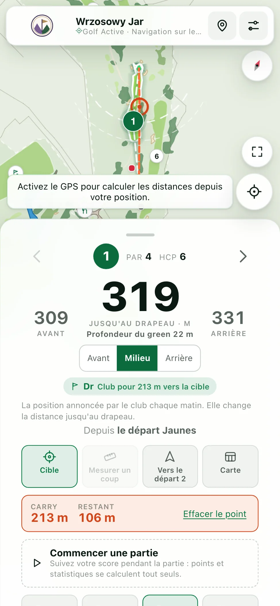Écran de planification du coup avec point de visée