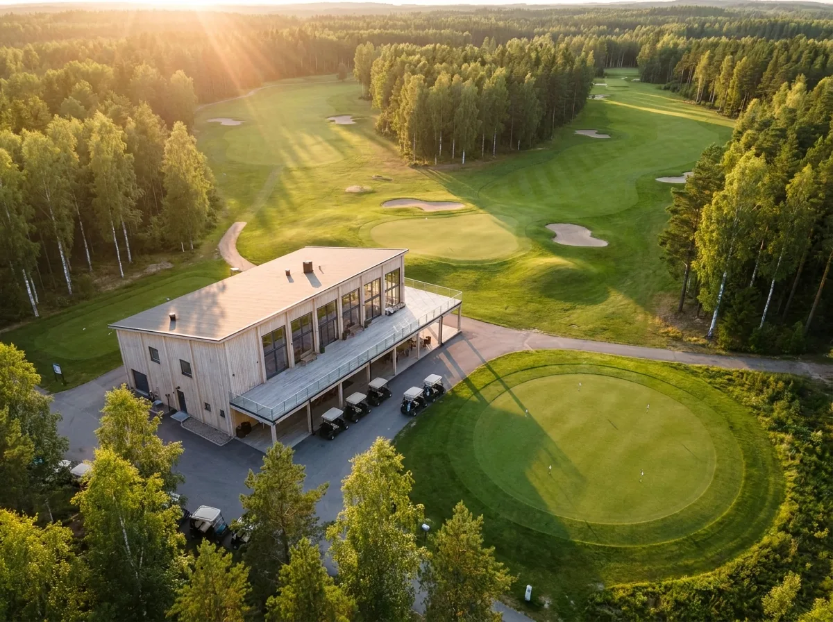Aerial view of the clubhouse and course
