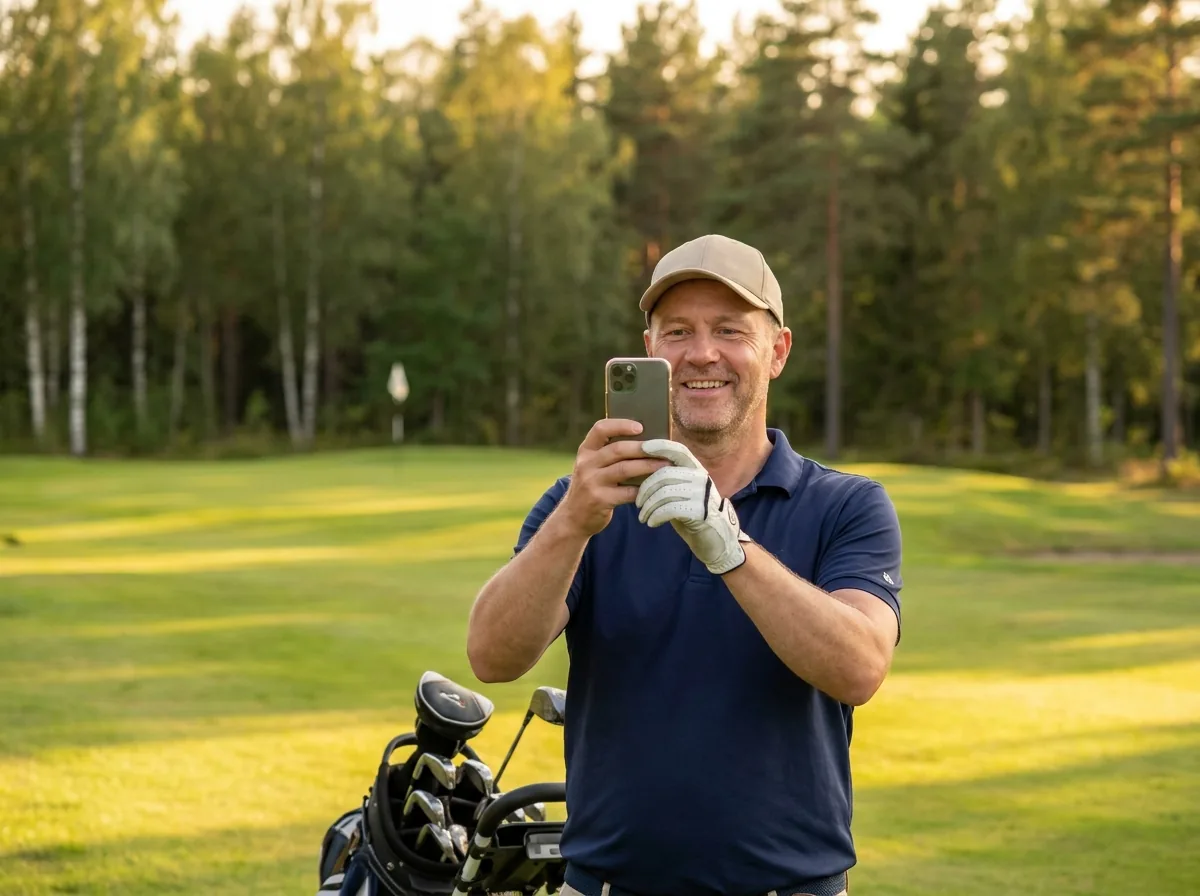 A player on the fairway checking a distance on their phone