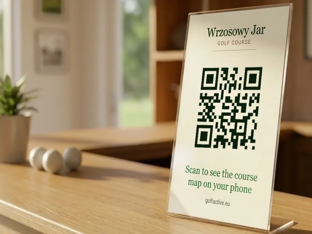 A QR code card in a stand on a golf club reception desk, reading “Scan to see the course map on your phone.”