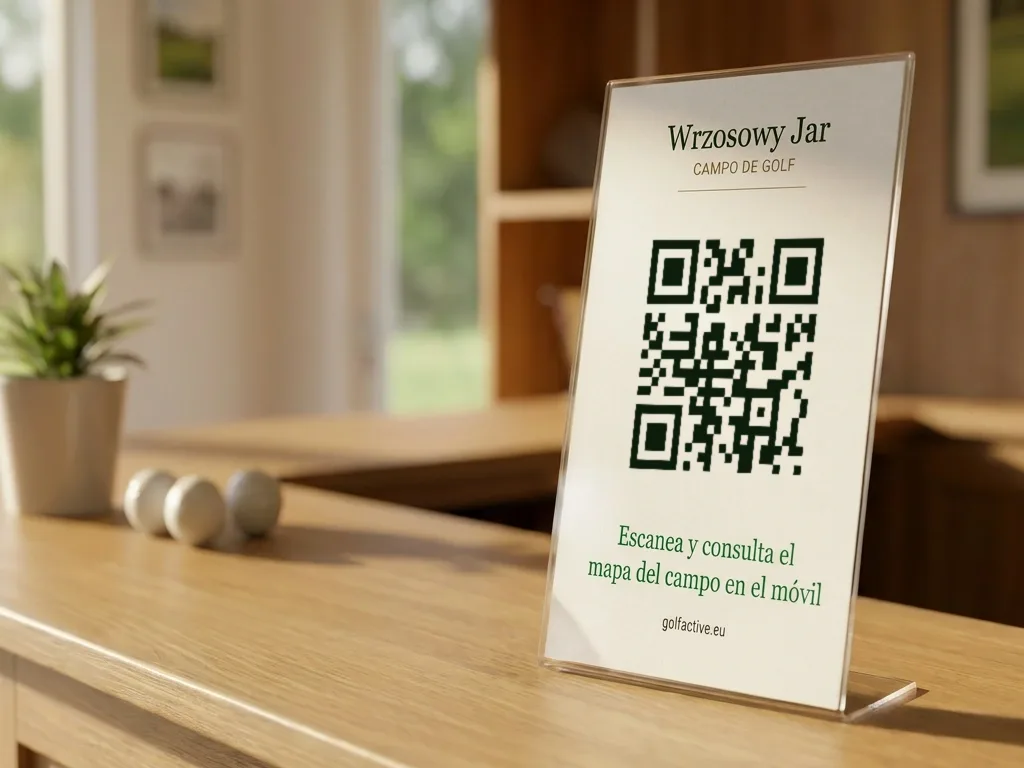 Cartel con código QR en un soporte sobre el mostrador de recepción de un club de golf, con el texto «Escanee y vea el mapa del campo en su teléfono».