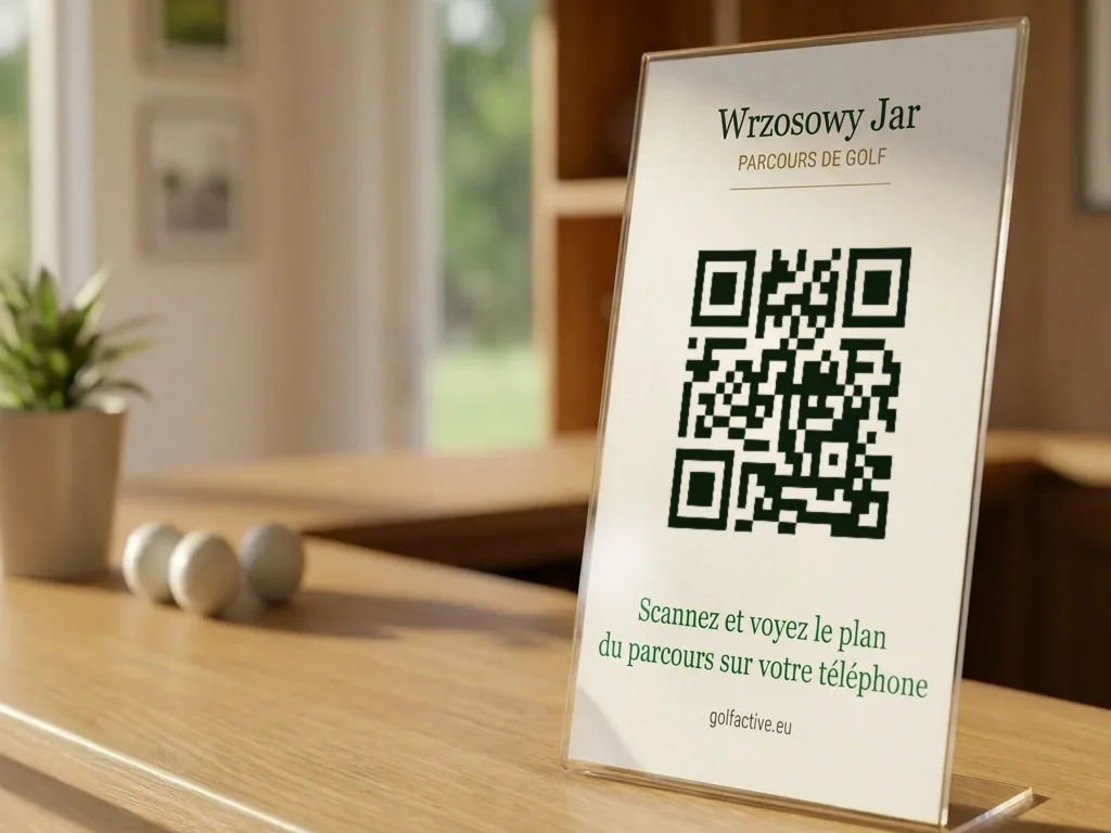 Une plaquette avec un code QR dans un présentoir sur le comptoir d'accueil d'un club de golf, avec la mention «&nbsp;Scannez et découvrez la carte du parcours sur votre téléphone&nbsp;».